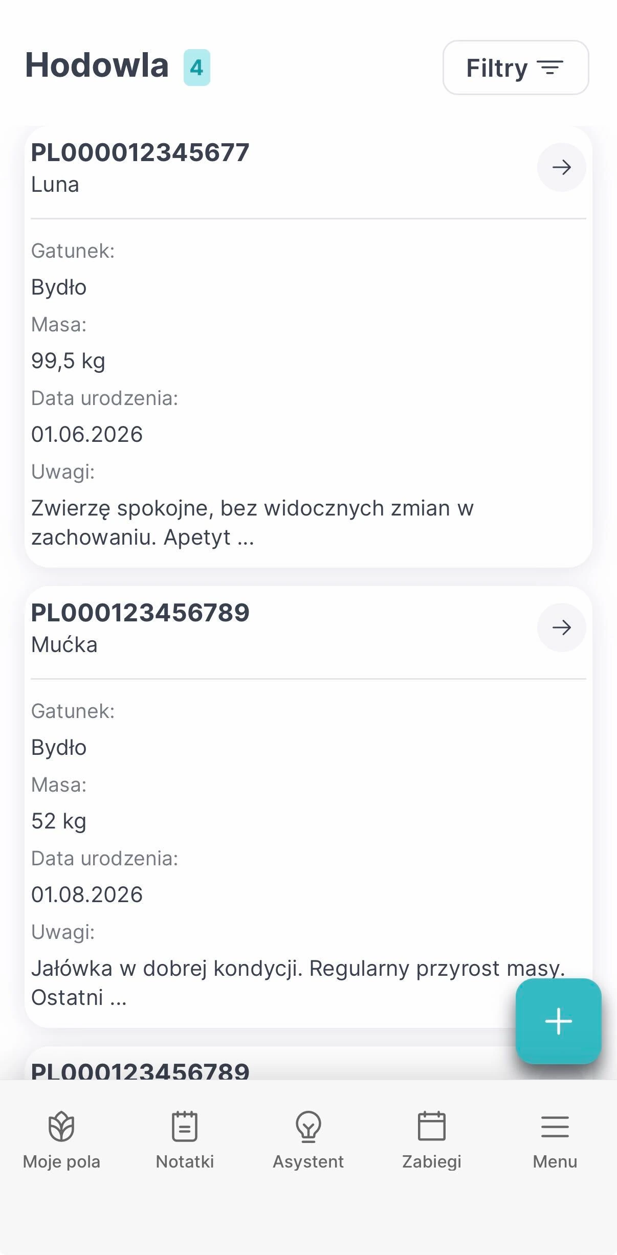 Hodowla w aplikacji mobilnej Lista zwierząt w aplikacji mobilnej FarmPortal z masą, datą urodzenia i uwagami.
