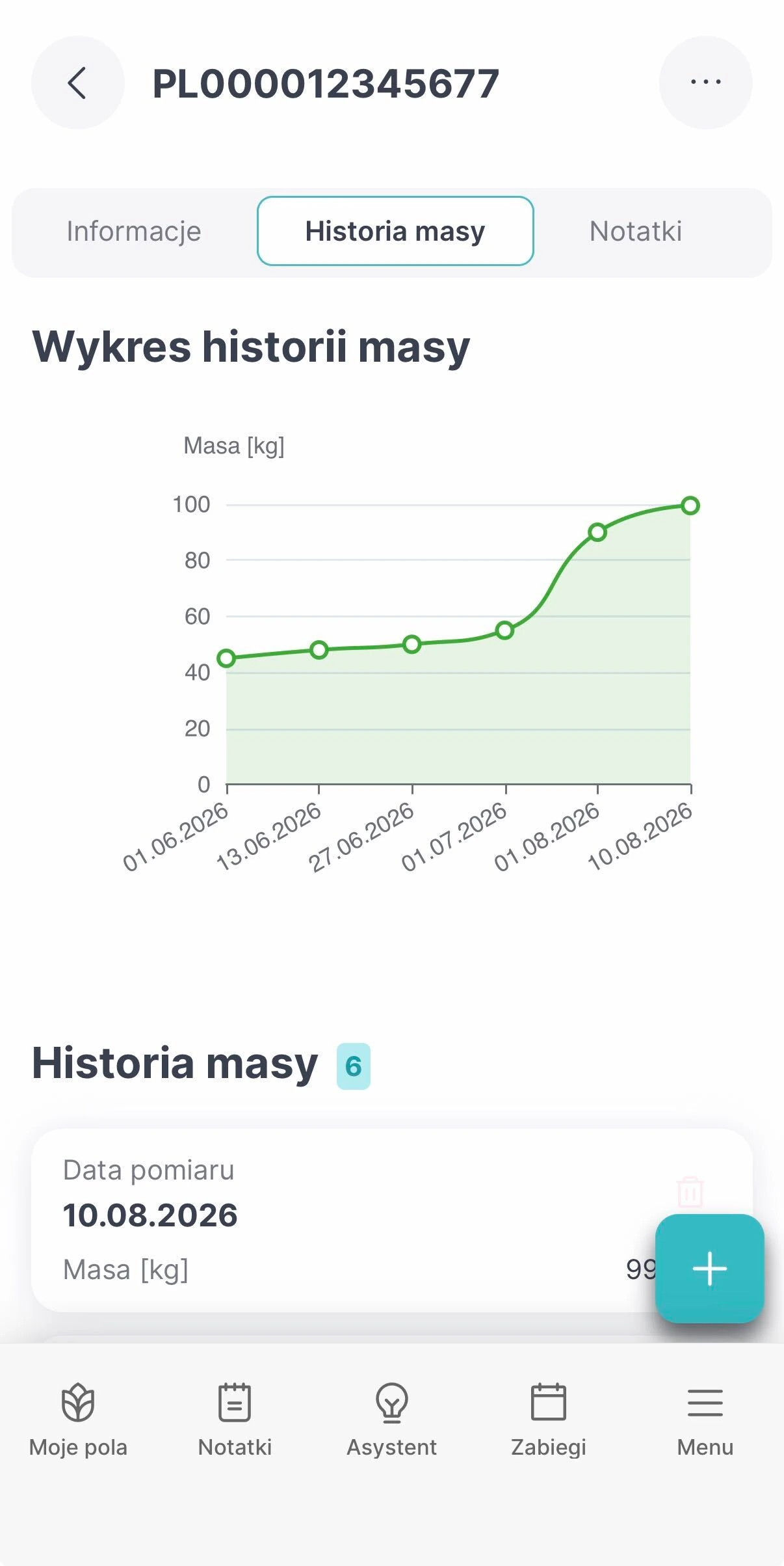Hodowla – wykres historii masy Historia masy zwierzęcia z wykresem i listą pomiarów w aplikacji mobilnej FarmPortal.