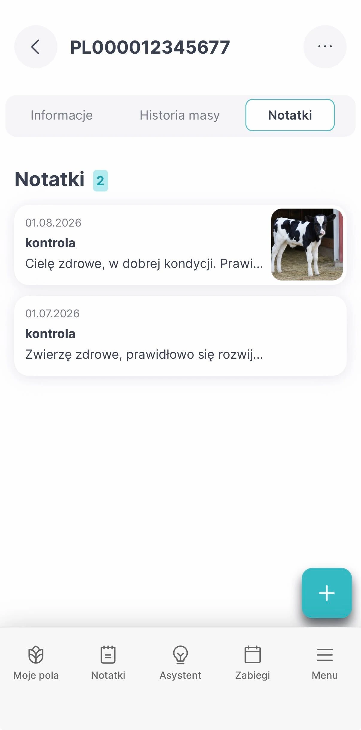 Hodowla – notatki Notatki i zdjęcie przypisane do zwierzęcia w aplikacji mobilnej FarmPortal.