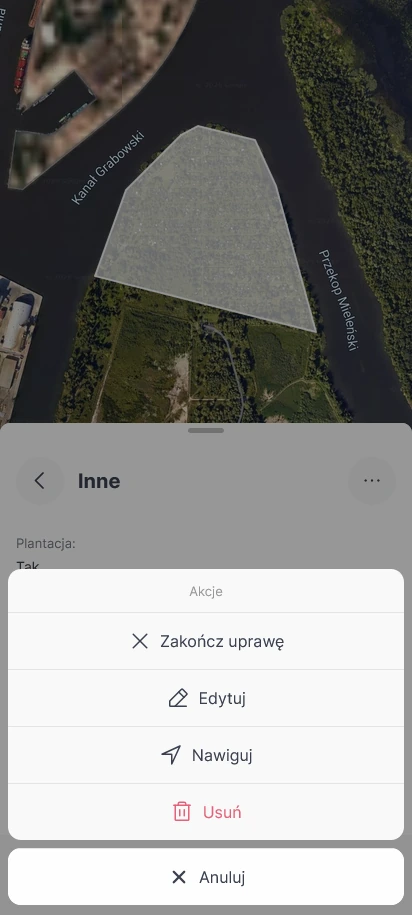 Nawigacja Google Maps do pola Opcja Nawiguj w menu uprawy otwiera Mapy Google z lokalizacją środka pola.