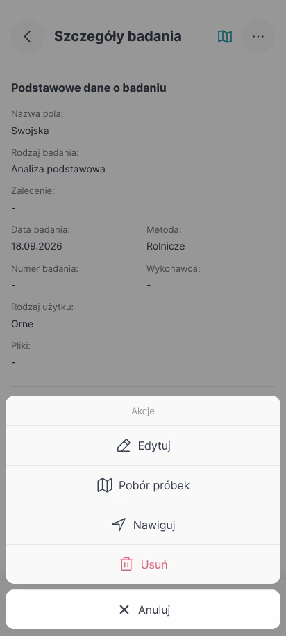Nawigacja Google Maps z badania gleby Opcja Nawiguj dostępna w szczegółach badania gleby w aplikacji mobilnej FarmPortal.