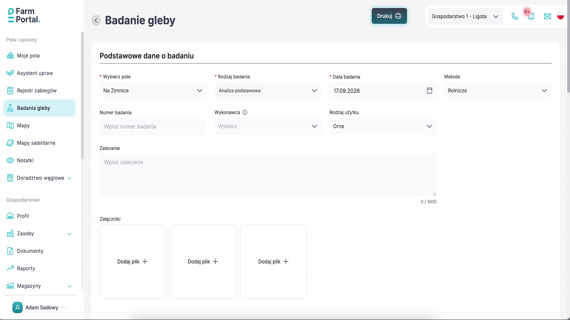 Badania gleby – drukuj Przycisk Drukuj w szczegółach badania gleby w przeglądarkowej wersji FarmPortal.