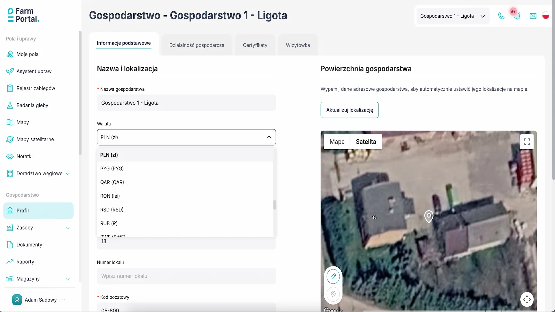 Zmiana waluty w gospodarstwie Wybór waluty dla nowych danych finansowych w profilu gospodarstwa FarmPortal.