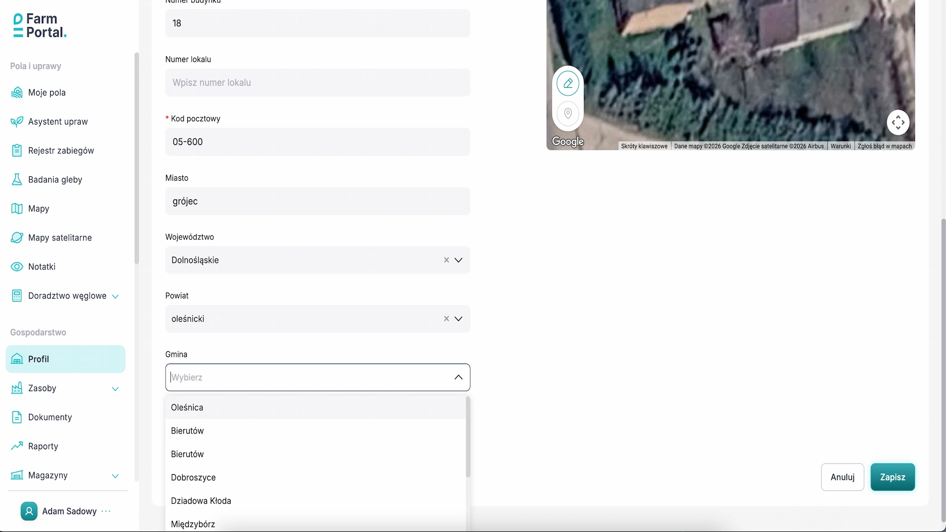 Rozszerzenie słowników geograficznych Pola wyboru województwa, powiatu i gminy w danych adresowych gospodarstwa FarmPortal.