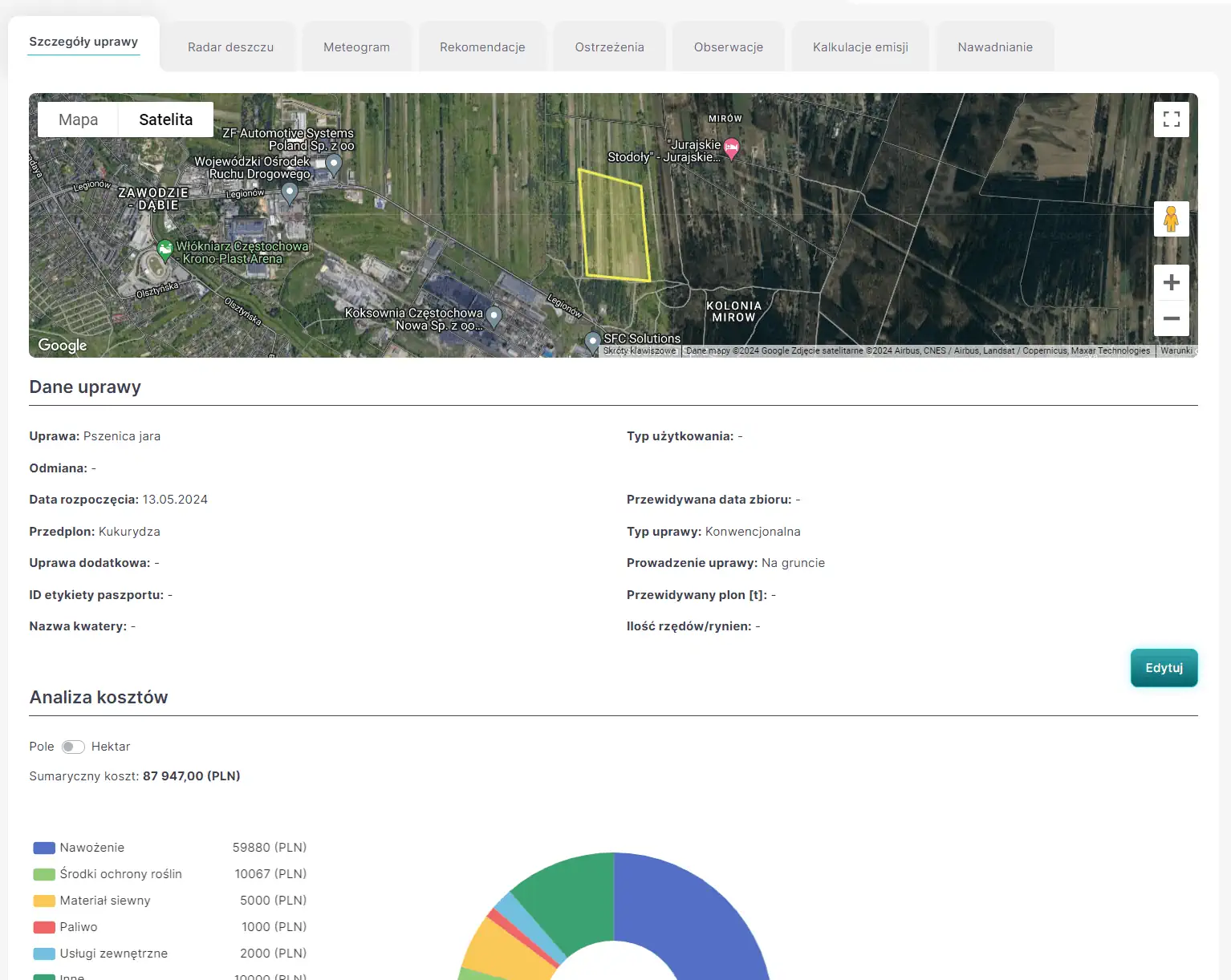 FarmPortal – zrzut ekranu zarządzania gospodarstwem i rejestru zabiegów