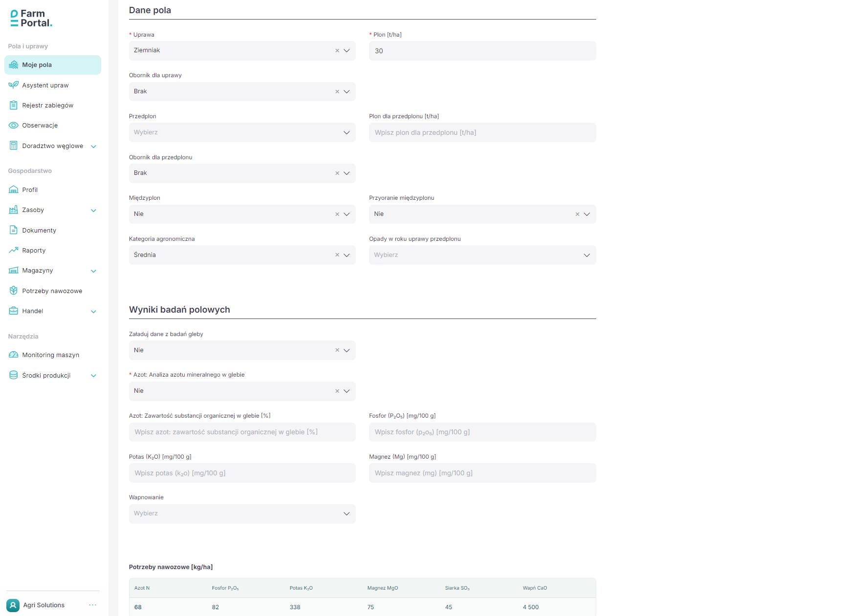 FarmPortal – zrzut ekranu modułu precyzyjnego nawożenia
