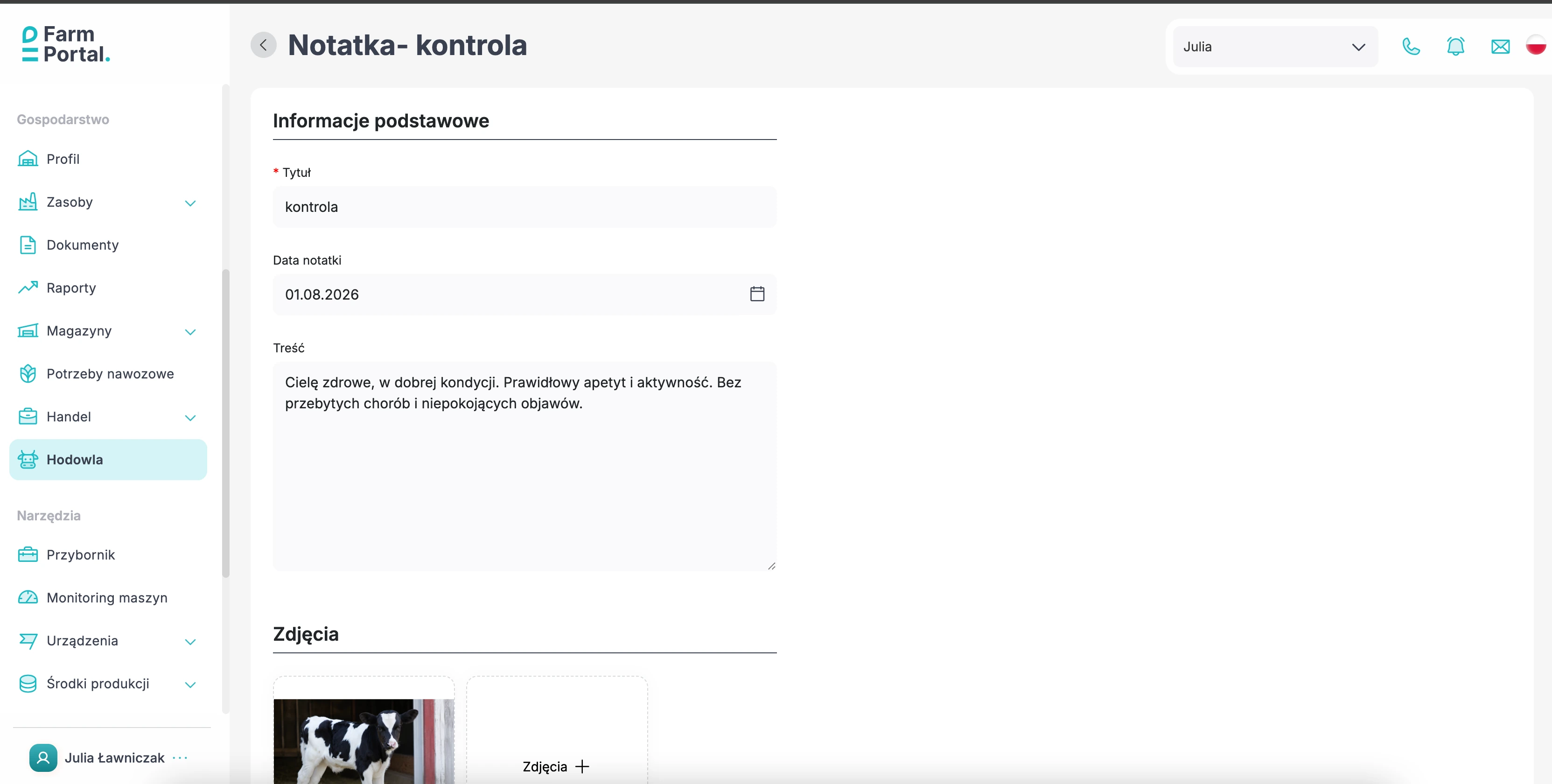 FarmPortal - notatka o zwierzęciu ze zdjęciem