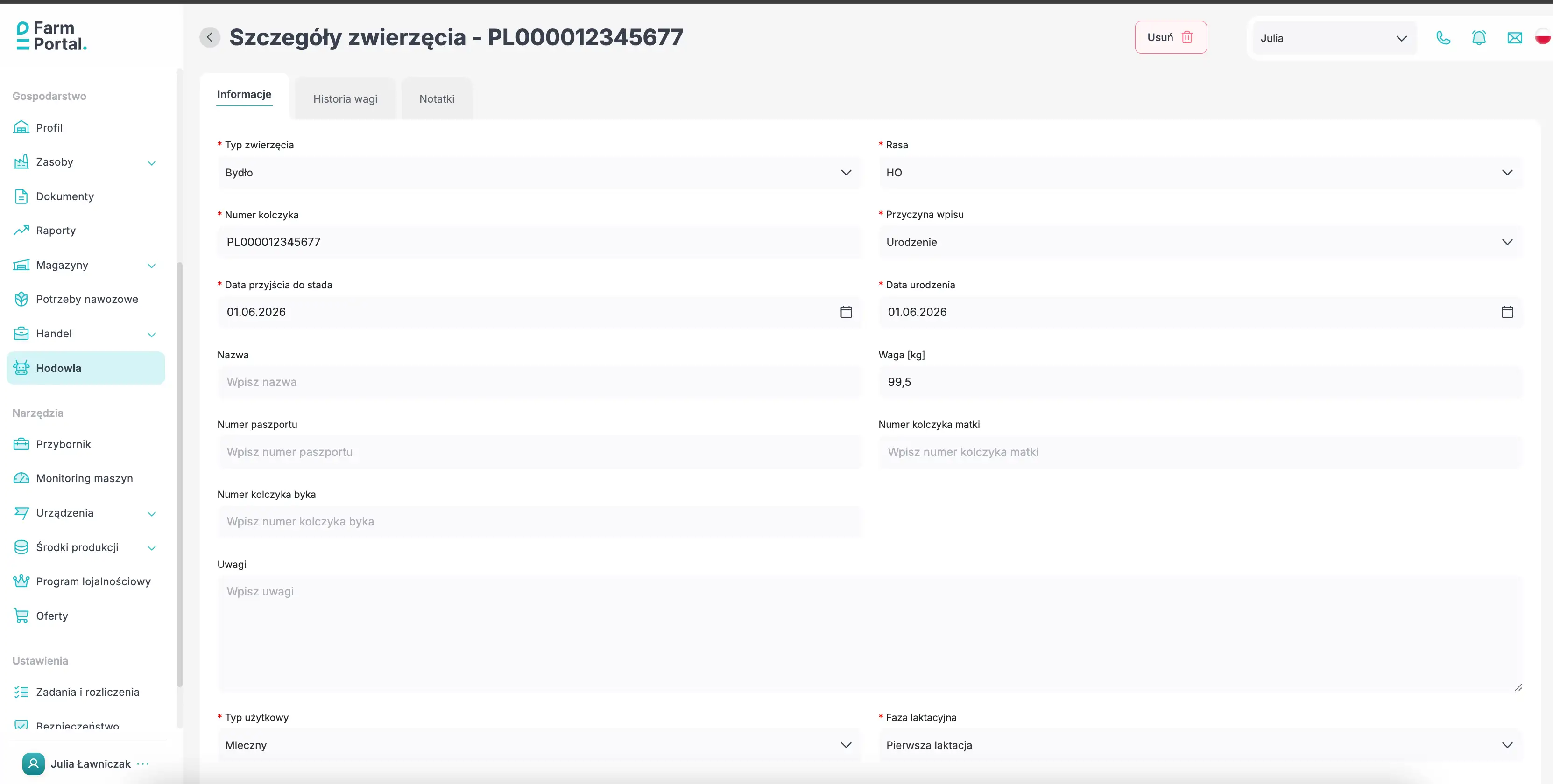 FarmPortal - szczegóły zwierzęcia w module Hodowla